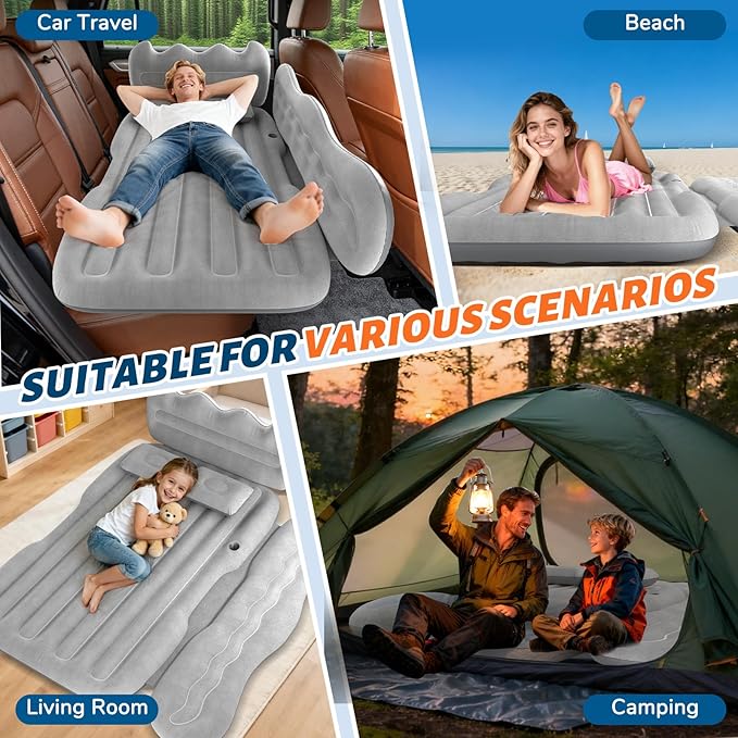 Thickened Inflatable Car Mattress for Back Seat - SUV Air Mattress Bed for Camping &amp Road Trips Portable Car Blow Up Mattress with Cup Holder 2 Pillows &amp Carry Bag - Grey