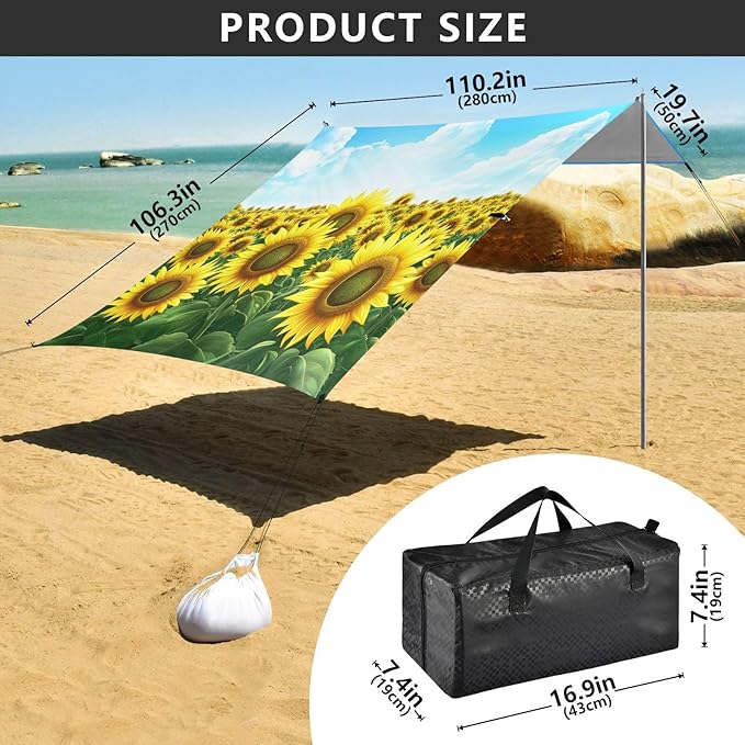 ALAZA Sunflower Field Sky Beach Tent Sun Shelter UPF50+ Protection Beach Shade Canopy w/ 4 Sandbags for Outdoor Camping Fishing Backyard Fun Picnic 10x9 ft