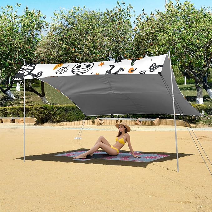 ALAZA Cute Pumpkin Skull Halloween Beach Tent Sun Shelter UPF50+ Protection Beach Shade Canopy w/ 4 Sandbags for Outdoor Camping Fishing Backyard Fun Picnic 10x9 ft