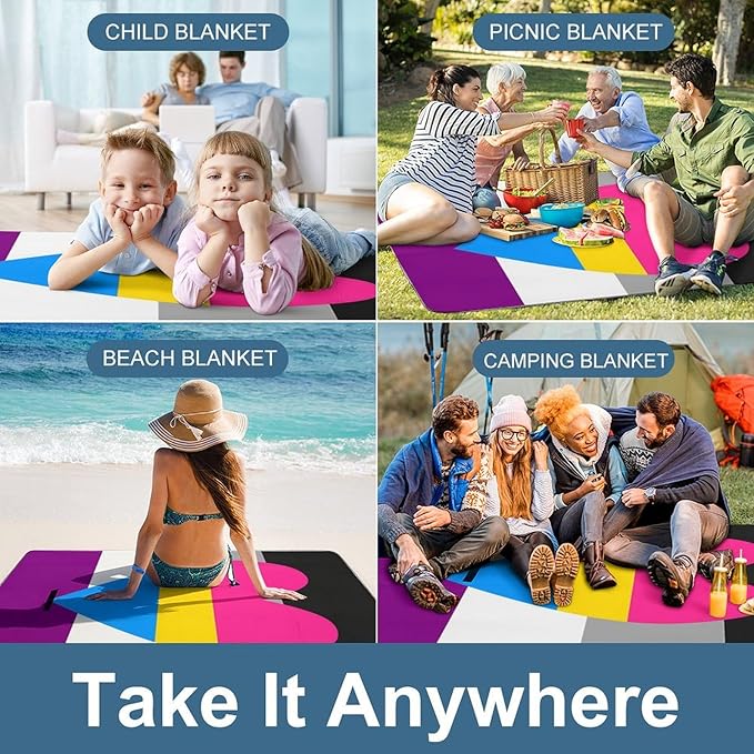 Rainbow Hearts Gay Pride Flag Colored Waterproof Outdoor Picnic Blanket Sandproof Beach Mat for Camping Hiking Grass Travelling