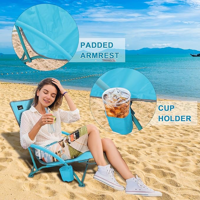 NORTHROAD Low Folding Beach ChairPortable Lightweight Lowback Sling Chair Outdoor Low Seat Camping Chair w/Cup Holder &amp Carry Bag for Sand Camping Lawn Picnic Festival Blue