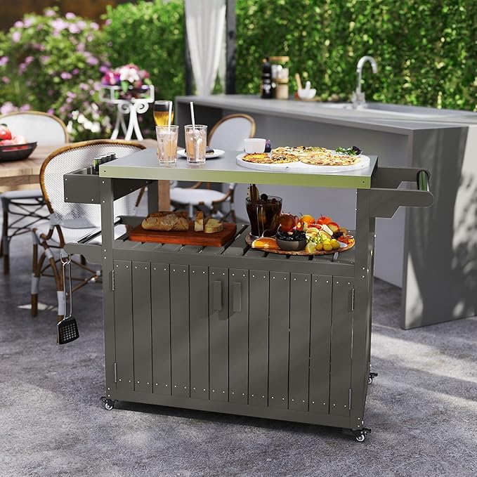 Luxury Heavy Duty Stainless Steel Outdoor Bar Cart with Spacious Storage Premium Construction Wheeled Casters HDPE Steel Gray Finish