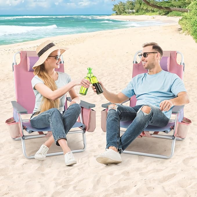 Backpack Beach Chair 5 Position Adjustable Camping Chairs with Head Pillow Cooler Bag Towel Bar Cup Holders Portable 2-Pack Folding Beach Chairs for Adults (Without Table Gradient Pink)