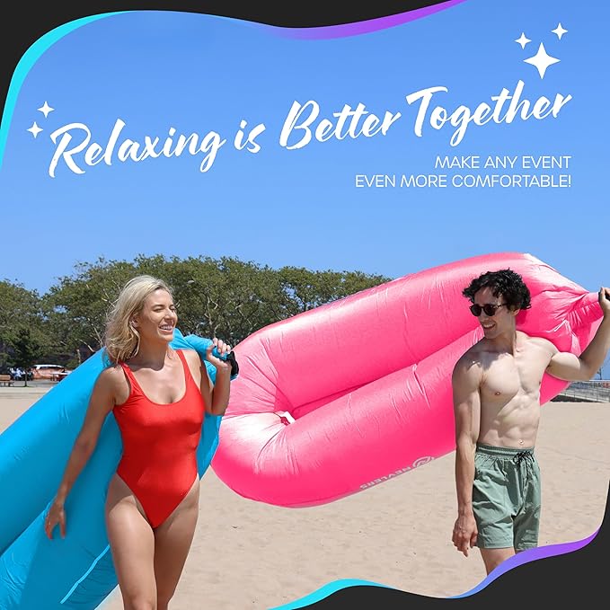 Nevlers Blue &amp Pink Inflatable Lounger 2 Pack | 210T Polyester Air Couch | No-Pump Inflatable Couch | Blow Up Chair Set w/ 450 lbs. Capacity Pockets &amp Carry Bags for Use as Beach Accessories