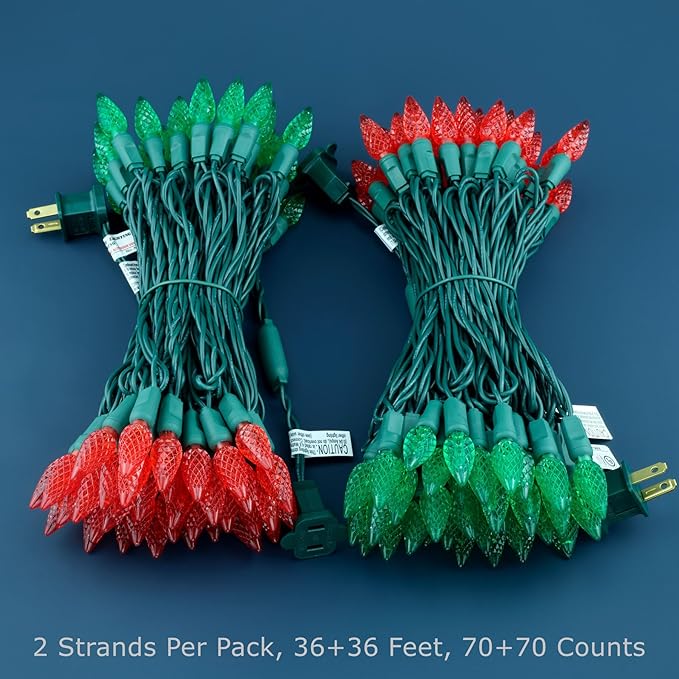 140 Red and Green Strawberry One-Piece LED Christmas Lights Pack of 2 Strands 70 Count 36 ft High Waterproof UL Certified C6 Outdoor String Lights (Red &amp Green)