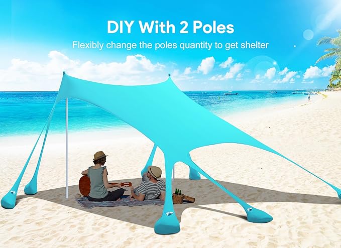 Osoeri Beach Tent Camping Sun Shelter UPF50+ with 8 Sandbags Sand Shovels Ground Pegs &amp Stability Poles Outdoor Shade Beach Canopy for Camping Trips Fishing Backyard Fun or Picnics