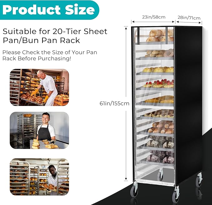 Pan Rack Cover 61 x 28 x 23 Inch Bread Rack Cover 20 Tier Sheet Waterproof Bakery Holder Cover Dustproof with Zipper Breathable Mesh Vent