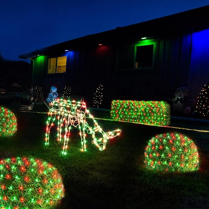 WBao Christmas Lights 200LED 9.8ft x 6.6ft Christmas Bush Lights 8 Modes Timer End to End Connectable Waterproof Design for Lawn Bush Tree Outdoor Xmas Decorations Red Green (Clear Wire)