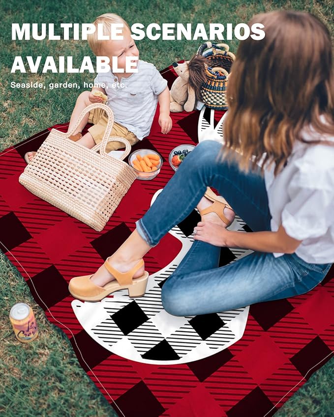 Beach Blanket Waterproof Sandproof Christmas Black White Tartan Deer Quick Drying Beach Mat with 4 Stakes Chic Buffalo Gingham Lightweight Picnic Blanket for Travel Camping Outdoor 95x80