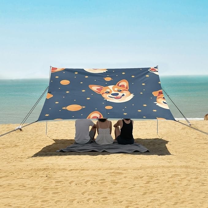 Space Cute Dogs Camping Sun Shelter Beach Tent Portable Beach Sun Shade Outdoor Canopy for Camping Trips Fishing Picnic