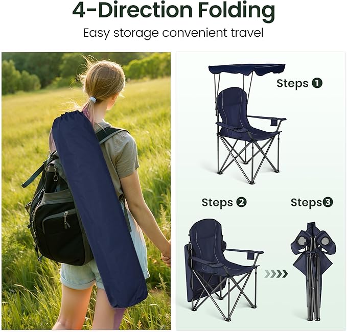 HIGH POINT SPORTS Heavy Duty Canopy Lounge Chair Sunshade Hiking Travel Chair Foldable Canopy Shade Chair for Outdoor Camping Patio Support 350 LBS 2 Pack Navy