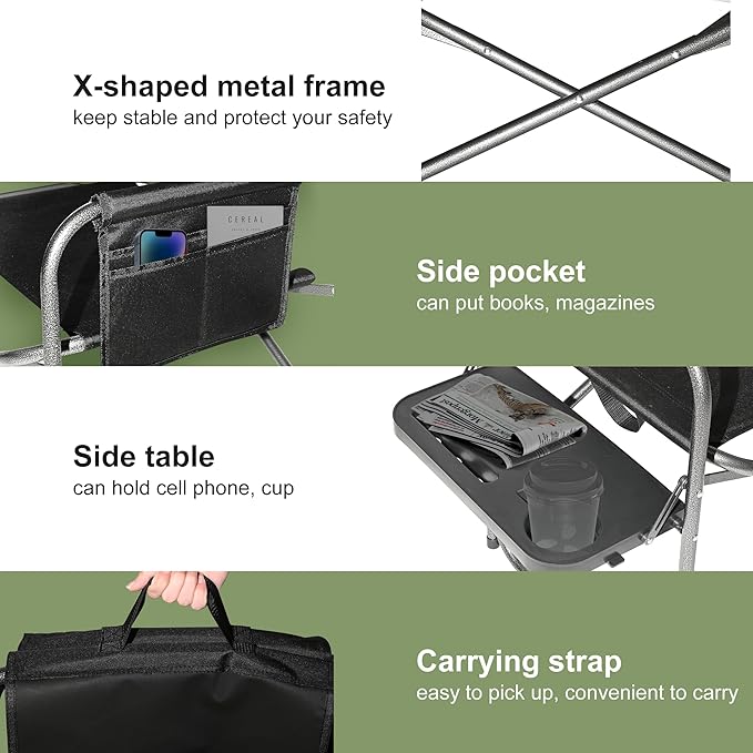 YOUNG WOOD Camping Directors Chair Lightweight Oversized Portable Folding Chair with Side Table and Storage Pockets for Outdoor Camping Lawn Picnic and Fishing Supports 400lbs (Black)