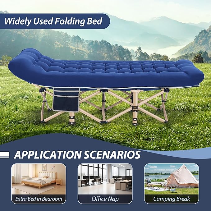 Folding Camping Cot for Sleeping Portable Cots for Adults Heavy Duty Cot Bed 550LBS(Max Load) Extra Wider Cots with Large Pocket for Outdoor Office Beach
