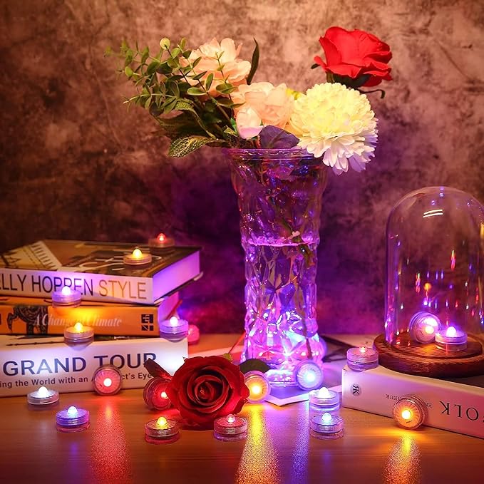 HL Submersible LED LightsRGB Small LED Light100 Hours Waterproof Flameless Led Lights Battery Powered for Wedding Home Vase Festival Party Decoration 24pcs(Built-in 48 Batteries)