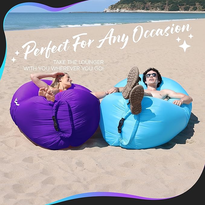Nevlers Blue &amp Purple Inflatable Lounger 2 Pack | 210T Polyester Inflatable Chair | No-Pump Air Couch | Blow Up Couch Set w/ 450 lbs. Capacity Pockets &amp Carry Bags for Use as Beach Accessorie