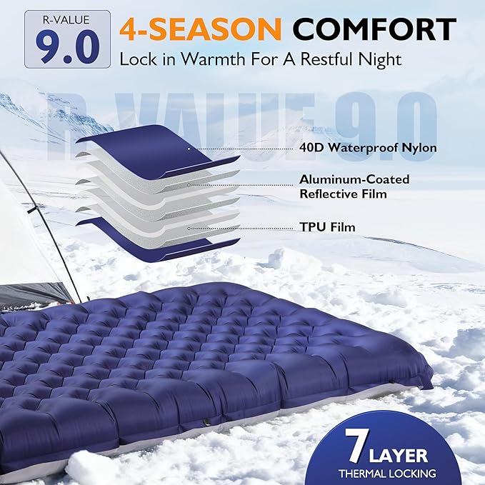 TOBTOS Camping Sleeping Pad with 9.0 R-Value 4 Thick Inflatable Camping Mattress for All Season Compact Insulated Sleeping Mat for Backpacking &amp Hiking (Rectangular)