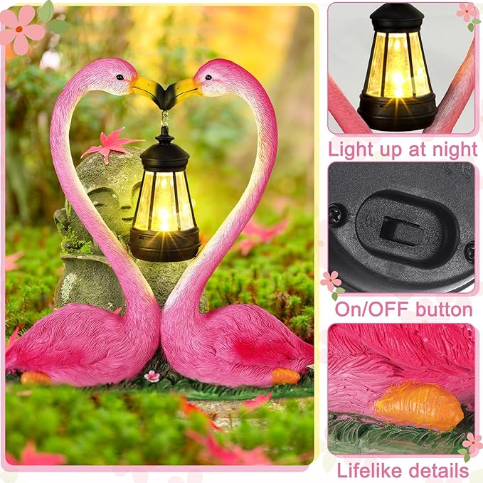 Outdoor Solar Lights Waterproof Garden Kissing Flamingo Heart Decoration with LED Decoration for Flamingo Themed Party Favors Lover Gifts Yard Patio Pathway Lawn Courtyard Centerpiece Decor