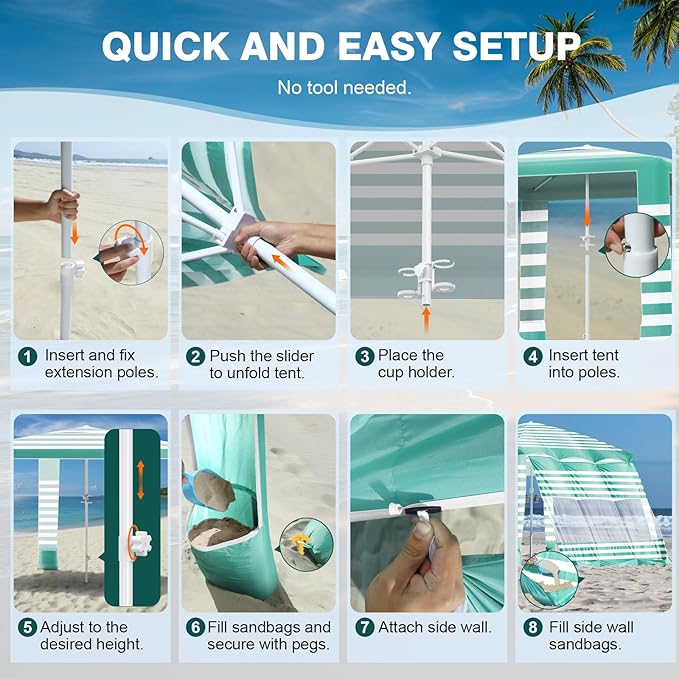 Rhino Valley Beach Cabana 8 * 8FT Beach Tent UPF50+ Protection Easy Setup Beach Canopy Wind Resistant with Cup Holder Compact Beach Shade Foldable Beach Tent Sun Shelter Green White