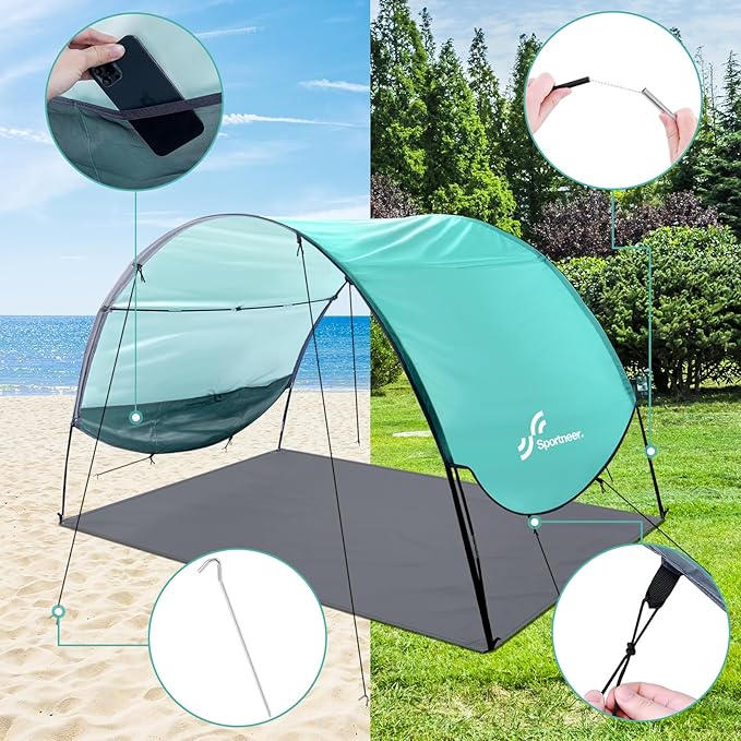 Sportneer Beach Tent Sun Shelter: UPF 50+ UV Protection Beach Canopy Tent Sun Shade for 2-3 Person Easy Set Up Canopy with 8 Wind Ropes and 12 Ground Stakes for Beach Size 96.5''x55.7''