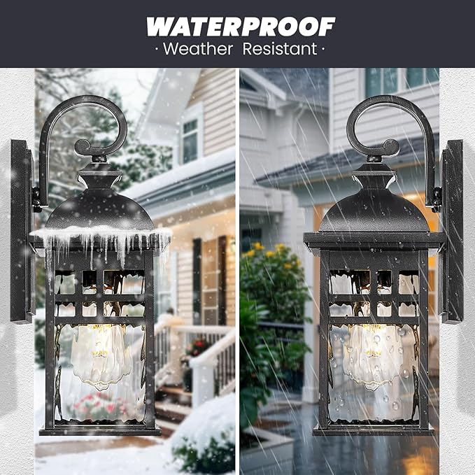 Outdoor Wall Lights Exterior Black Outdoor Light Fixtures Wall Mount with Water Ripple Glass Waterproof Anti-Rust Outside Wall Sconce Porch Lights for House Garage Doorway