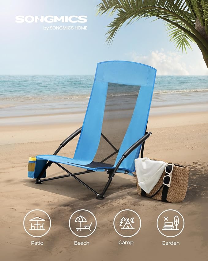 SONGMICS Set of 2 Portable Beach Chairs for Adults Max. Load 330 lb Each High Backrest Cup Holder Lightweight Heavy-Duty Light Blue UGCB067Q01V1