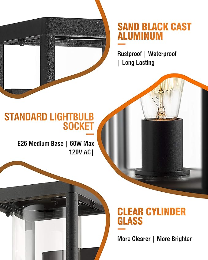 Beionxii Dusk to Dawn Outdoor Wall Lights Modern Exterior Wall Sconces Porch Lantern Black Cast Aluminum w/Clear Cylinder Glass - A291W-2PK