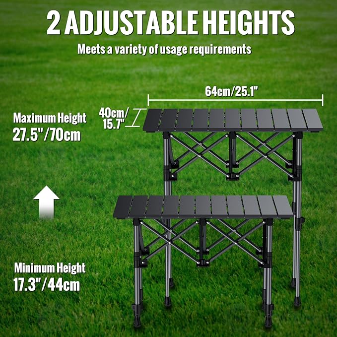 GARLLEN Folding Camping Table 2-Height Adjustable Portable Picnic Table with Roll-up Tabletop Lightweight Aluminum Outdoor Table with Storage Net &amp Carrying Bag for Camping Picnic BBQ