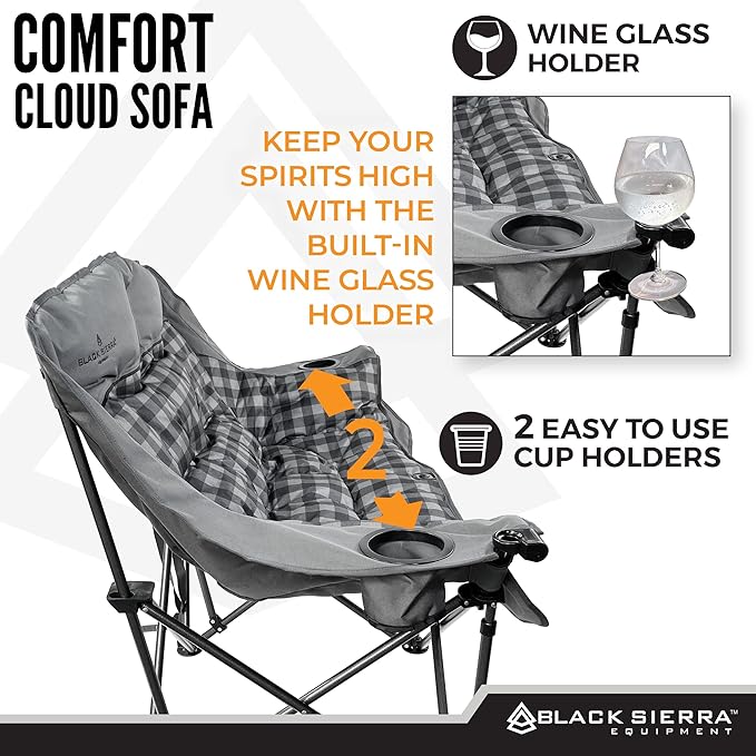 Black Sierra Double Camping Chair for Adults Oversized Folding Loveseat Supports 600 lbs Plush Padded Outdoor Couch with Cup Holders and Carry Bag for Beach Patio RV or Tailgating Events