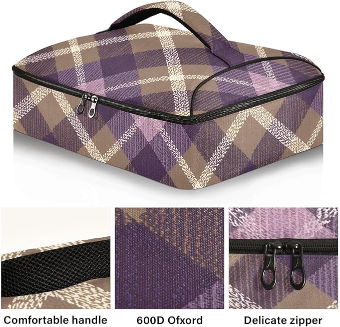 Casserole Carrier Purple and Brown Tartan Plaid Insulated Casserole Carrier for Hot or Cold Food Thermal Lunch Tote for Parties Picnic Travel Carry Bag