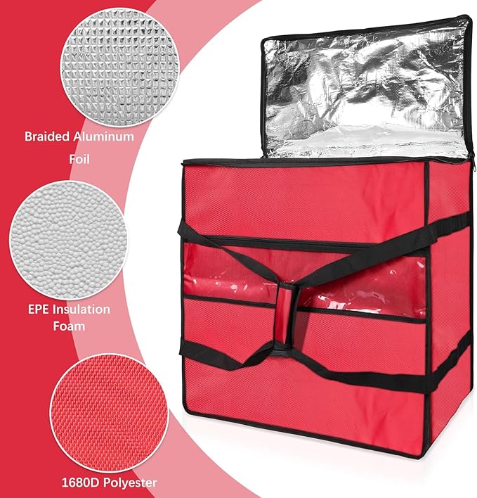 Large Pizza Delivery Bag Insulated 24x 24 x14 Red Pizza Warmer Bag for Food Delivery Pizza Carrier Insulated Bags Keep Your Pizza Hot and Fresh Perfect for Deliveries and Personal Use