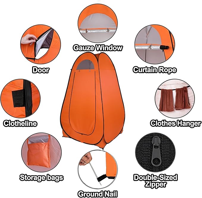 4x4ft Pop Up Privacy Shower Tent with Top Window 3.6lbs Liightweight Dressing Room Portable Toilet Stall with Carry Bag for Camping Beach Outdoors (Orange)