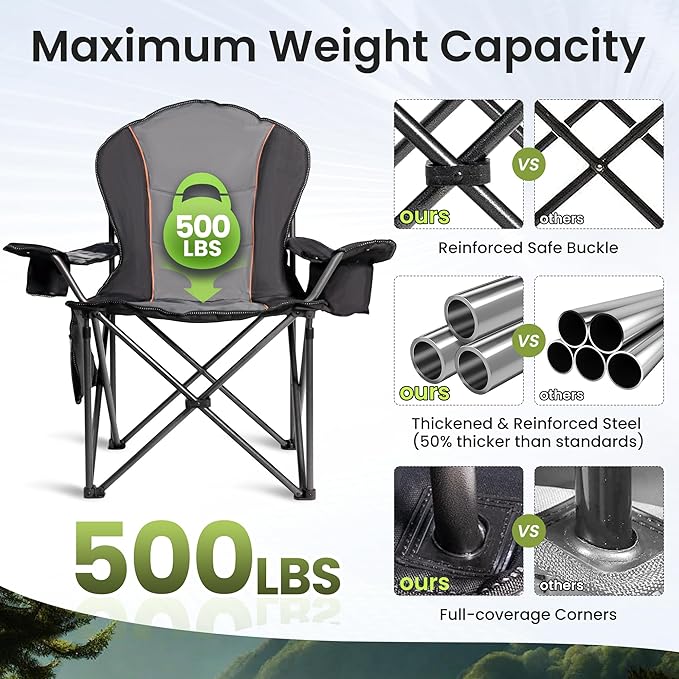 Oversized Camping Chair Heavy Duty- Portable Folding Chair Cup Holder &amp Waterproof Phone Case for Adults Beach Hiking Backyard (Black &amp Gray 2 PCS)