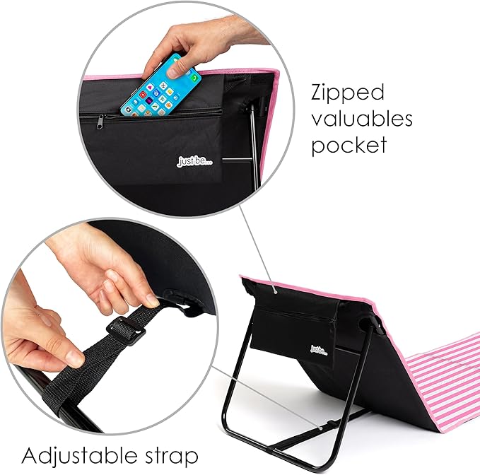 just be... Beach Sun Mat Folding Lightweight Portable Adjustable Sunbathing Recliner with Backrest Support and Valuables Pocket for Holidays Garden Camping Park Festivals - Pink Stripes