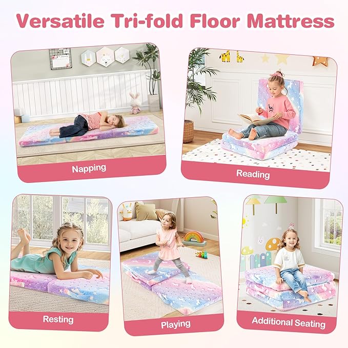 Costzon Foldable Floor Mattress for Kids Glow in The Dark Toddler Floor Nap Mat w/Washable Flannel Cover Tri-Folding Children Floor Bed for Sleeping Daycare Playroom School Kindergarten or Nursery