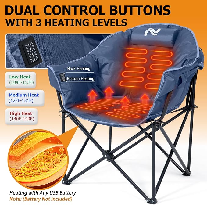 LILYPELLE Oversized Heated Camping Chair Patio Lounge Chairs with 3 Heat Levels Portable Folding Heated Chair Round Moon Saucer Folding Lawn Chair Outdoor Chair for Camping Lounge Patio