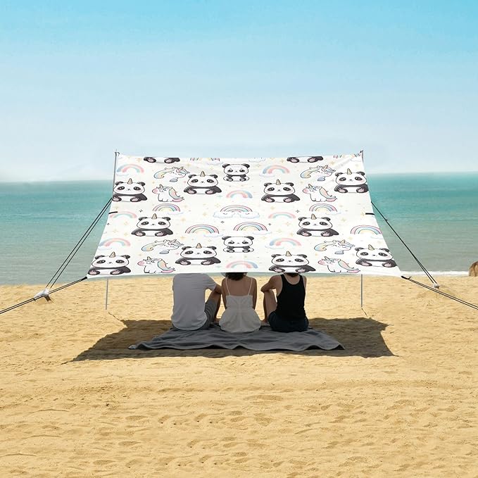 Camping Sun Shelters Cute Panda Unicorn and Cartoon Little Rainbow Beach Canopy 126 * 110.2in