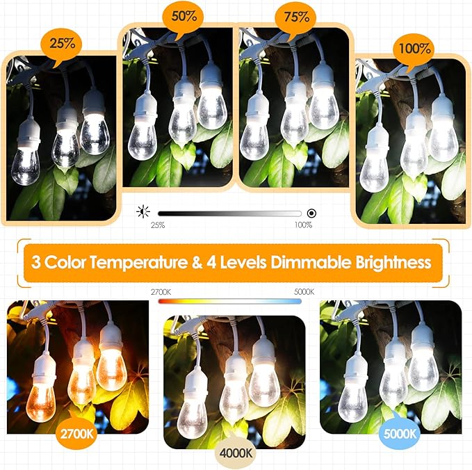 Mlambert 3 Color Outdoor LED Dimmable String Lights with Remote Plug in 144FT(3x48FT) Waterproof Shatterproof LED Light for Patio Backyard-White Cord