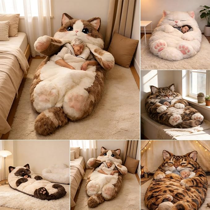 Fluffy Cat Sleeping Bag for Adults Soft 68.9×31.5 Inch Adorable Envelope Sleeping Bag Washable Warm Blanket for Camping and Home Lounging