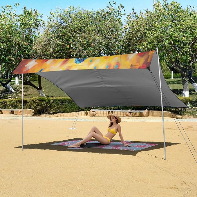 Colorful Peacock Painting Beach Tent Sun Shelter 9.2' x 10.5' Beach Canopy with 4 Sandbags 4 Stability Poles Sand Shovels - Tent Canopy for Beach Camping Fishing Picnics