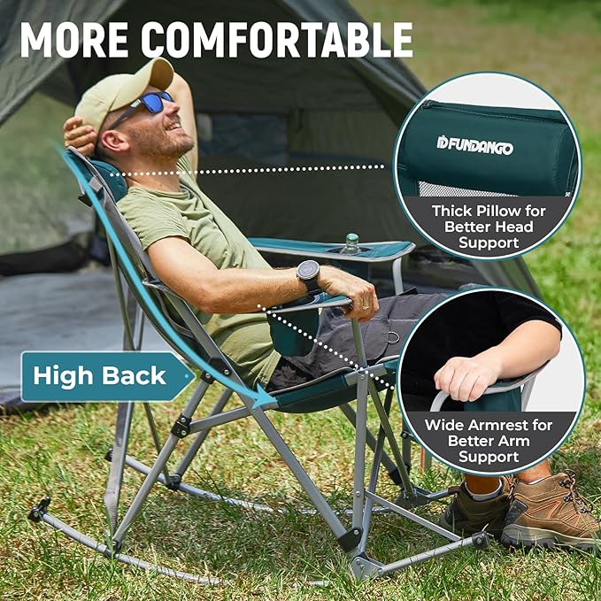 FUNDANGO Rocking Camping Chair 2 Pack High Mesh Back Portable Folding Camp Chairs with Pillows Cup Holder and Carry Bag for Lawn Patio Garden Outdoor Supports 300 Lbs (Green/Grey)