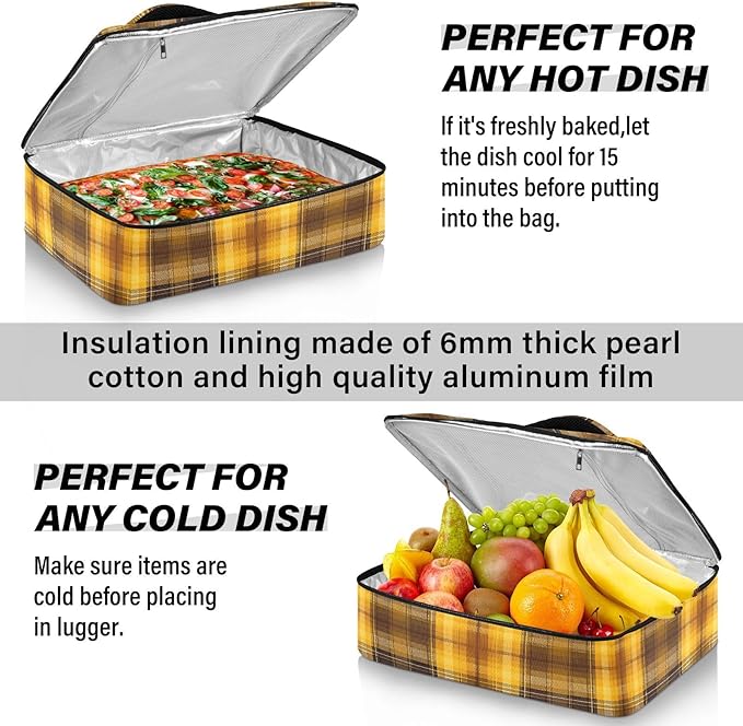Casserole Carrier Yellow and Brown Tartan Insulated Casserole Carrier for Hot or Cold Food Thermal Lunch Tote for Parties Picnic Travel Carry Bag