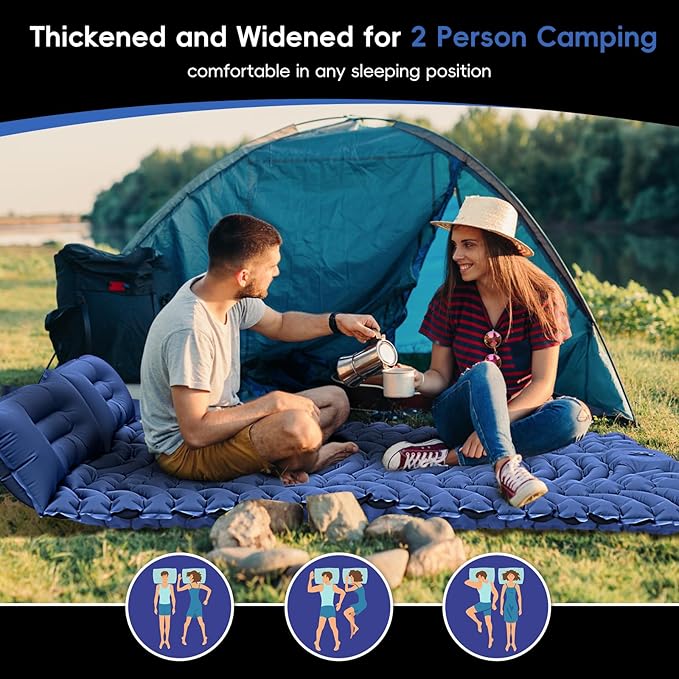 Double Sleeping Pad for Camping 4 Extra-Thick Self Inflating Camping Mattress for 2 Person with Pillow Built-in Foot Pump Portable Sleeping Mat for Backpacking Hiking Traveling Tent