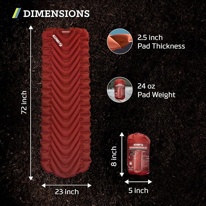 KLYMIT Insulated Static V Inflatable Sleeping Pad | Comfortable Lightweight Easy to Inflate Portable Air Bed Mattress for Camping Backpacking and Hiking — Red