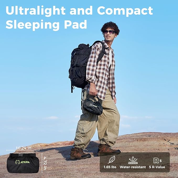 ATEPA ThermAir Pro Backpacking Inflatable Sleeping Pad 5 R-Value Insulated Ultralight Portable Sleeping Pad Thick Camping Mat with Stuff Sack for Camping Backpacking Tent Wide Long Size 77.5x25.6
