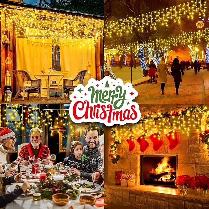 KNONEW 99ft 960 LED Christmas Lights Outdoor Decorations with 180 Drops 8 Modes Curtain Fairy Light Clear Wire LED String Light Indoor Decor for Wedding Party Christmas(Warm White)