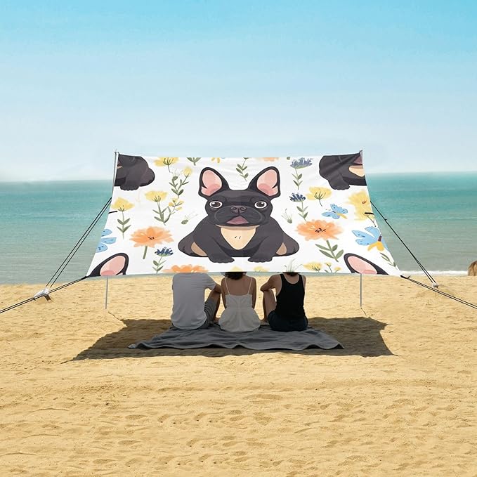 French Bulldog Beach Tent Sun Shelter 9.2' x 10.5' Beach Canopy with 4 Sandbags 4 Stability Poles Sand Shovels - Tent Canopy for Beach Camping Fishing Picnics