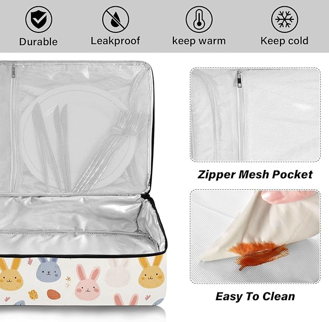 Casserole Carrier Pattern Cute RabbitInsulated Casserole Carrier for Hot or Cold Food Thermal Lunch Tote for Potluck Parties Picnic Beach Fits 9 x 13 Inches Baking Dish