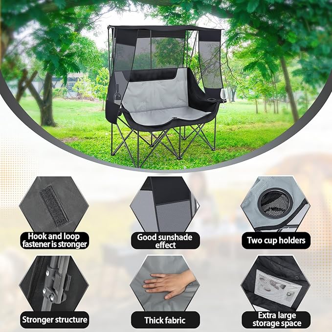 Double Camping Chair with Canopy Shade 660lbs Heavy Duty Beach Chair Portable Folding 2 Person Camping Loveseat with Cup Holder and Storage Bag for Lawn Beach Outdoor Sport(Black and Grey)