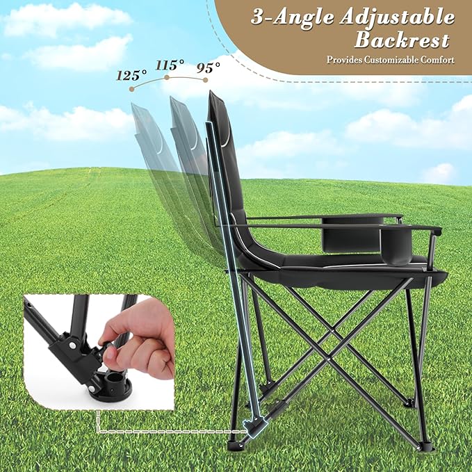 Athena Collection Portable Camping Chair for Outdoor Foldable Outdoor Beach Camping Chair with Adjustable Backrest &amp Armrest Oversized Padded Chair Folding Lawn Chair with Cooler &amp Cup Holde