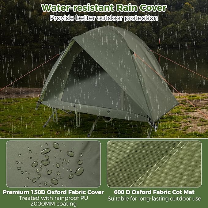 Tangkula 2 Person Tent Cot Portable Off Ground Elevated Camping Tent with Cot Removable Rainfly Wheeled Bag Stakes &amp Wind Ropes for Picnic Hiking Travel Beach